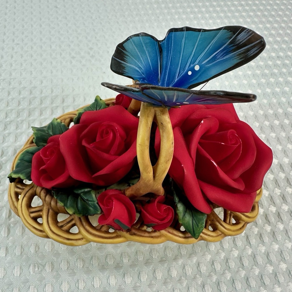 Classic Treasures Rose Basket Figurine With Blue Butterfly 7x3.5x5 Partial Boxed